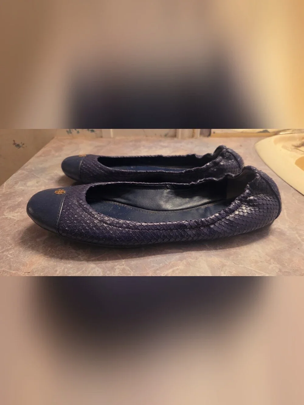 Tory Burch Purple Textured Leather Logo Ballet Flats